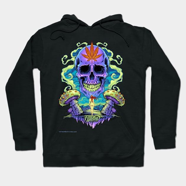 Purple Cannabis Skull with Mushrooms Hoodie by FlylandDesigns